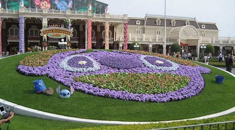 A floral arrangement depicting Stitch as part of a celebration at Tokyo Disneyland. Source: Wikipedia Commons.