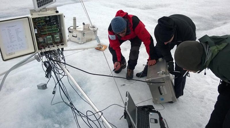 Researchers service one of PROMICE's automatic weather stations on the Greenland ice sheet that was used in the study. Credit Photo by William Colgan, York University