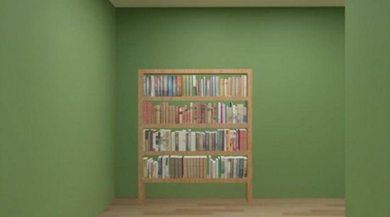 Participants in this Alzheimer's disease study used a joystick to navigate a virtual maze and locate landmarks, such as this bookcase. Credit Courtesy of Denise Head