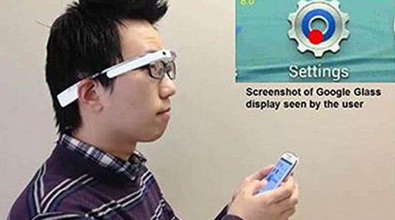 This is a demonstration of magnifying smartphone application using Google Glass for visually impaired. Credit Gang Luo, Ph.D.