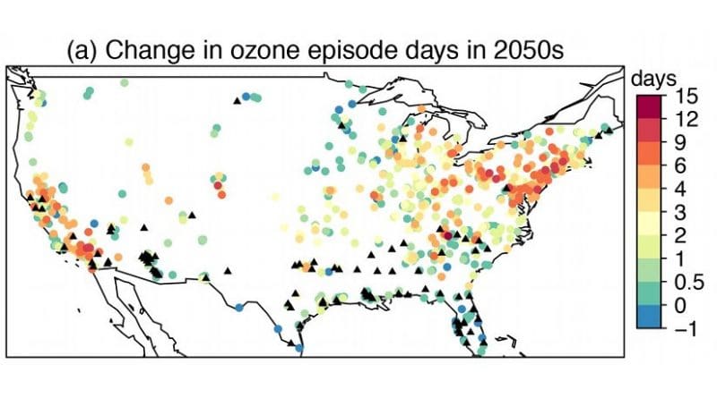 These are mean changes from 2000-2009 to 2050-2059 in ozone episode days due to climate change in the RCP4.5 scenario, as calculated using statistically downscaled projections of daily maximum temperatures from 19 CMIP5 models. Credit Lu Shen/Harvard University