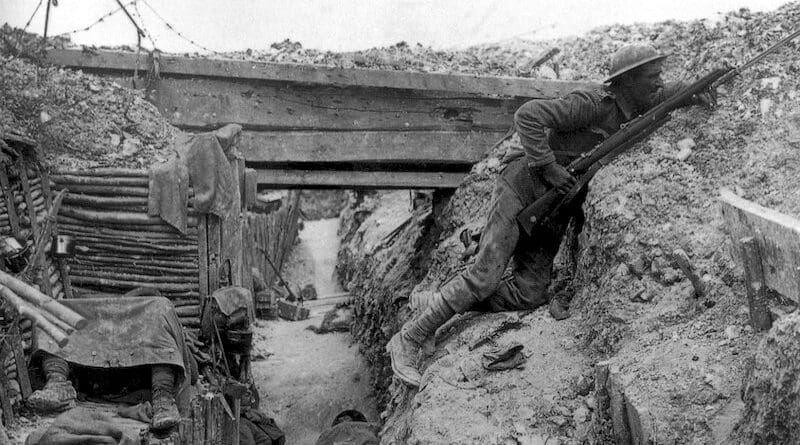 Trenches of the 11th Cheshire Regiment at Ovillers-la-Boisselle, on the Somme, July 1916. One sentry keeps watch while the others sleep. Credit: Photo by Ernest Brooks, Wikipedia Commons