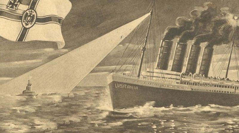 German postcard depicting the sinking of the Lusitania. Source: Wikipedia Commons.