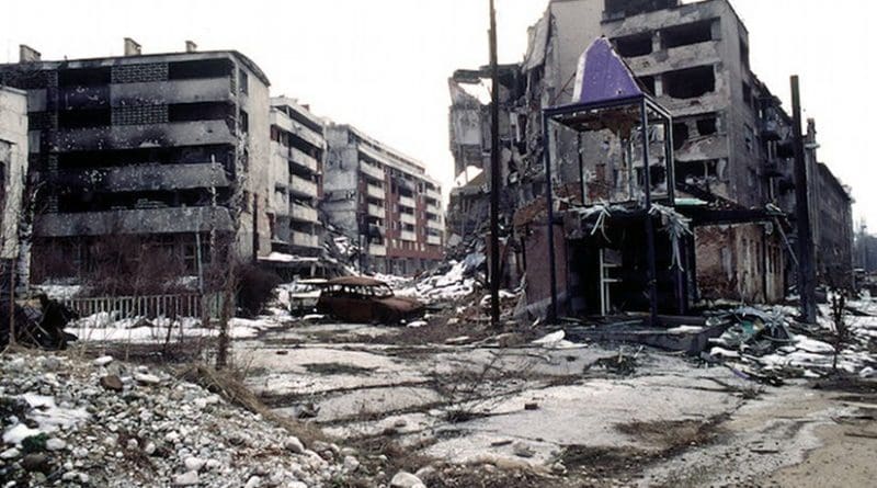 View of Grbavica, a neighbourhood of Sarajevo, approximately 4 months after the signing of the Dayton Peace Accord that officially ended the war in Bosnia. Source: Public Domain (PD-USGov-Military)