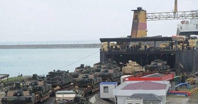 U.S. army’s M1A2 Abrams main battle tanks and Bradley infantry fighting vehicles being unloaded from ferry in the port of Poti, May 4, 2016