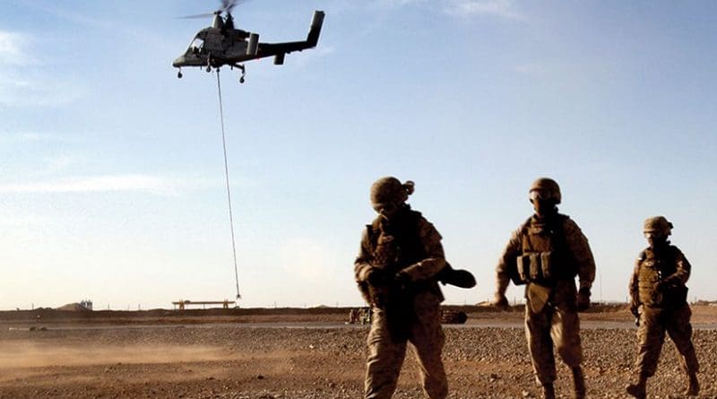 Marines with Combat Logistics Battalion 5 return after learning about downward thrust of Kaman K1200 (“K-MAX”) unmanned helicopter during initial testing in Helmand Province, Afghanistan (U.S. Marine Corps/Lisa Tourtelot)