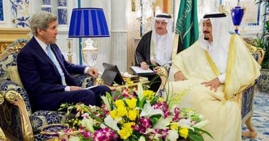 U.S. Secretary of State John Kerry sits with King Salman of Saudi Arabia on May 15, 2016, at the Royal Court in Jeddah, Saudi Arabia, before a bilateral meeting and a later conversation with Crown Prince Muhammad bin Nayef. [State Department photo/ Public Domain]