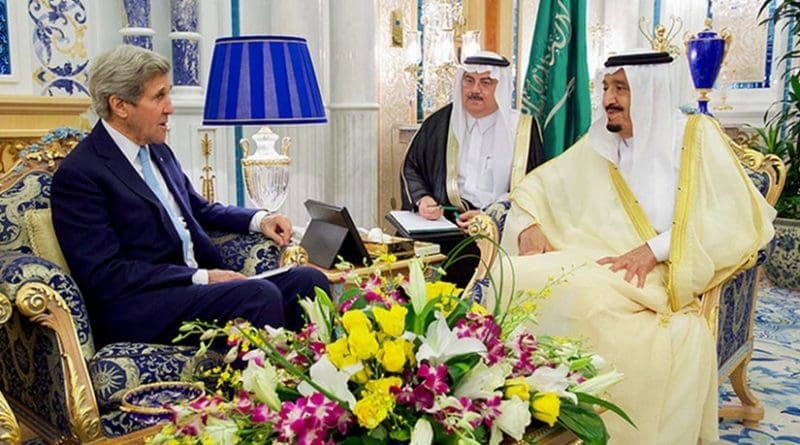 U.S. Secretary of State John Kerry sits with King Salman of Saudi Arabia on May 15, 2016, at the Royal Court in Jeddah, Saudi Arabia, before a bilateral meeting and a later conversation with Crown Prince Muhammad bin Nayef. [State Department photo/ Public Domain]