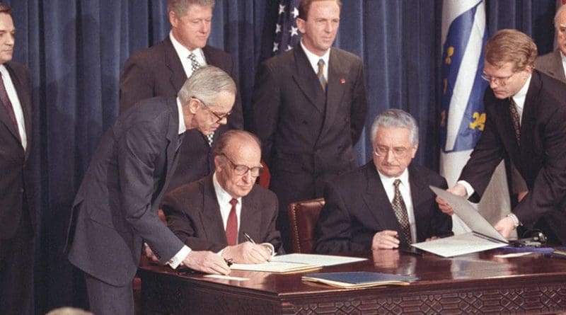 Bosnian President Alija Izetbegovic´ and Croatian President Franjo Tudman sign Washington Agreement, March 1994 (Central Intelligence Agency)