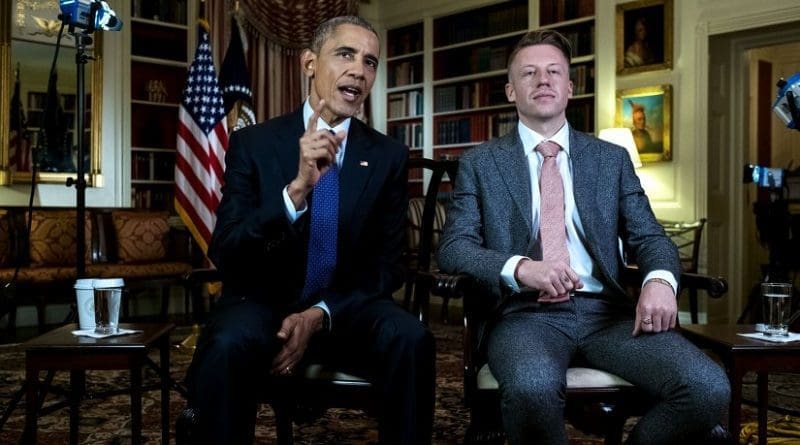 President Barack Obama and rapper Macklemore (Ben Haggerty) tape the Weekly Address in Library at the White House, May 12, 2016. (Official White House Photo By Chuck Kennedy)
