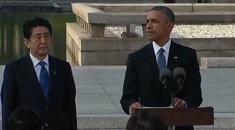 US President Obama delivers remarks at the Hiroshima Peace Memorial in presence of Japan's Prime Minister Shinzō Abe. Photo Credit: Screenshot from White House video.