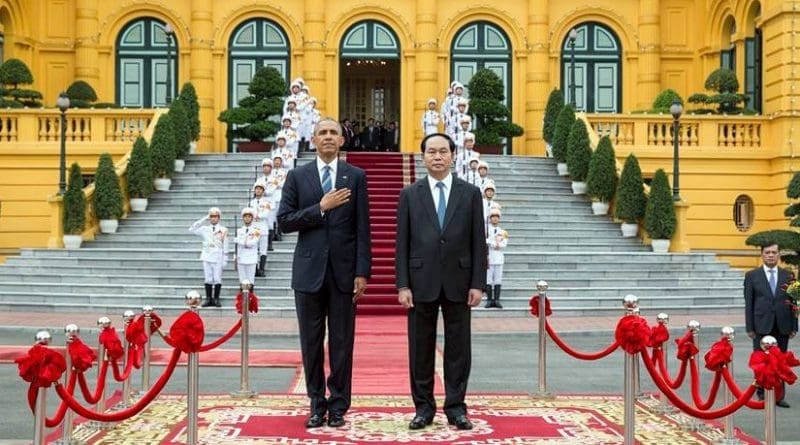 US President Barack Obama and Vietnam's President Tran Dai Quang listen to the U.S. national anthem during the arrival ceremony at the Presidential Palace in Hanoi, Vietnam, May 23, 2016. (Official White House Photo by Pete Souza)