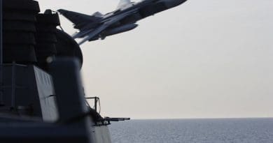A Russian Sukhoi Su-24 attack aircraft makes a very low-altitude pass by the guided-missile destroyer USS Donald Cook in international waters in the Baltic Sea, April 12, 2016. The USS Donald Cook, forward-deployed to Rota, Spain, is conducting a routine patrol in the U.S. 6th Fleet area of operations in support of U.S. national security interests in Europe. Navy photo