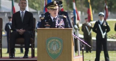 Army Gen. Curtis M. Scaparrotti speaks after assuming command of NATO's Allied Command Operations from Air Force Gen. Philip M. Breedlove in Mons, Belgium, May 4, 2016. DoD photo by D. Myles Cullen
