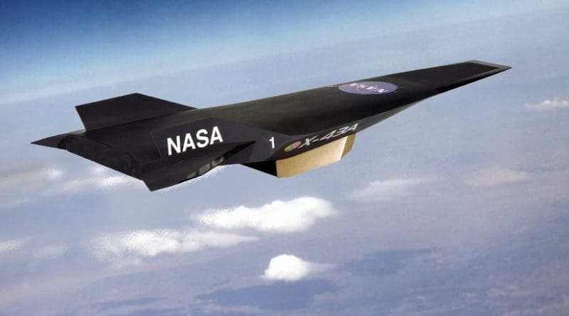 Artist's conception of the NASA X-43 with scramjet attached to the underside. Credit: NASA, Wikipedia Commons
