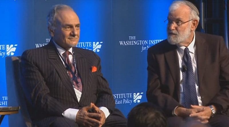 Former Saudi intelligence chief Prince Turki bin Faisal and retired Israeli Major General Yaakov Amidror together at a Washington event hosted by The Washington Institute for Near East Policy. (Photo: Youtube).