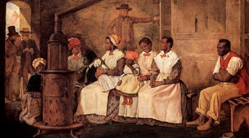 Slaves Waiting for Sale: Richmond, Virginia. Painted upon the sketch of 1853. Source: Wikipedia Commons.