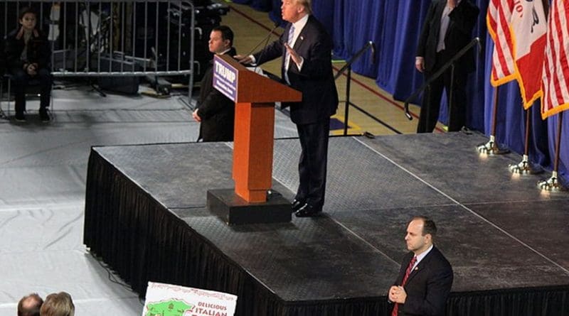 Donald Trump with two United States Secret Service agents beside him. Photo by Evan Guest, Wikipedia Commons.