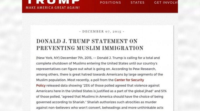 Donald Trump statement on prevention Muslim immigration.