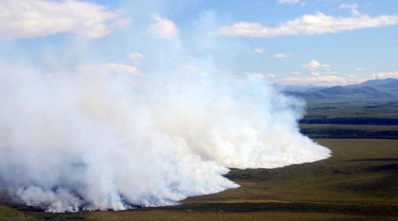 Wildfires, like the 2012 tundra fire in the Noatak National Preserve in Alaska, are projected to be up to four times as likely by the end of the century. Credit The University of Montana courtesy photo