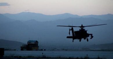 A U.S. Army AH-64 Apache helicopter from the 3rd Combat Aviation Brigade takes off from Forward Operating Base Dahlke, Afghanistan. US Army photo.