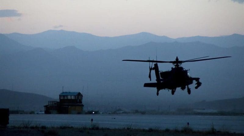 A U.S. Army AH-64 Apache helicopter from the 3rd Combat Aviation Brigade takes off from Forward Operating Base Dahlke, Afghanistan. US Army photo.