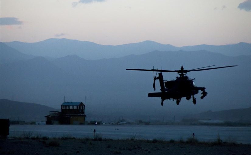 A U.S. Army AH-64 Apache helicopter from the 3rd Combat Aviation Brigade takes off from Forward Operating Base Dahlke, Afghanistan. US Army photo.