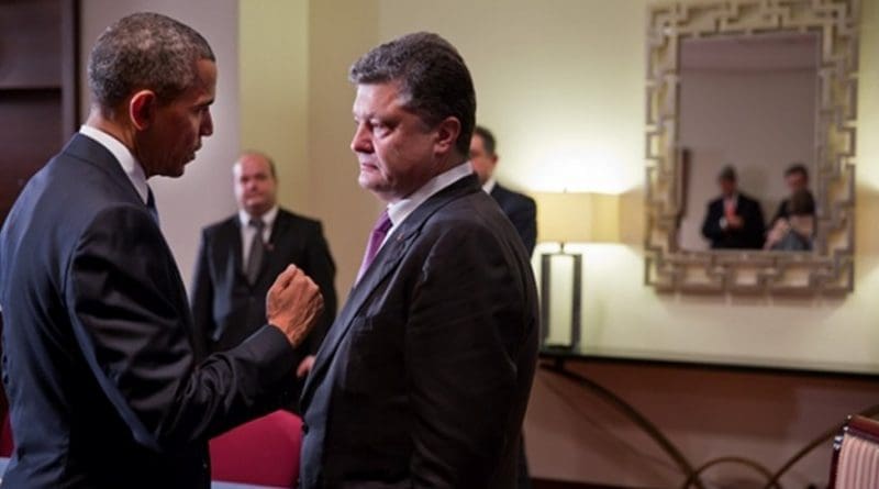 President Barack Obama and President-elect Petro Poroshenko of Ukraine talk after statements to the press following their bilateral meeting at the Warsaw Marriott Hotel in Warsaw, Poland, June 4, 2014. (Official White House Photo by Pete Souza)