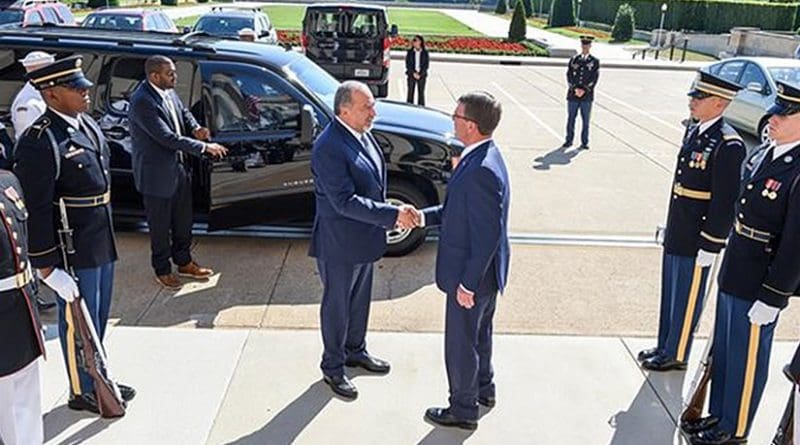 Defense Secretary Ash Carter, right, greets Israeli Defense Minister Avigdor Lieberman at the Pentagon, June 20, 2016, before a meeting to discuss the U.S.-Israel defense relationship. DoD photo by Army Sgt. 1st Class Clydell Kinchen