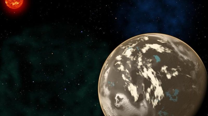 In this artist's conception, a carbon planet orbits a sunlike star in the early universe. Young planetary systems lacking heavy chemical elements but relatively rich in carbon could form worlds made of graphite, carbides and diamond rather than Earth-like silicate rocks. Blue patches show where water has pooled on the planet's surface, forming potential habitats for alien life. Credit Christine Pulliam (CfA). Sun image: NASA/SDO