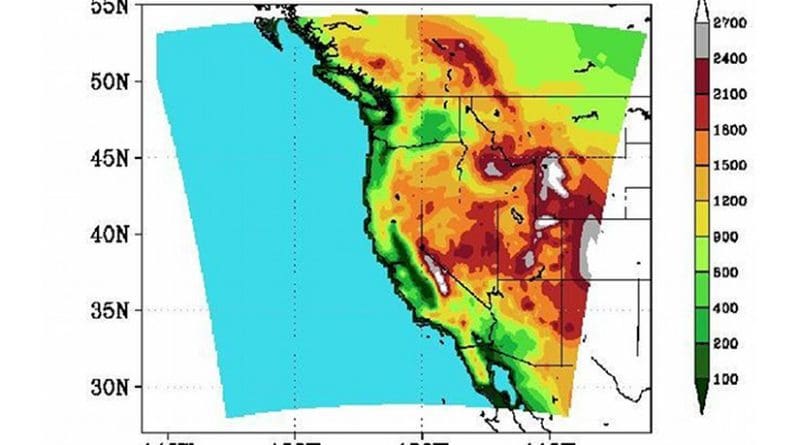 The elevation of areas of the American West that were part of recent climate modeling as part of the Weather@Home Program. Credit (Graphic courtesy of Oregon State University)