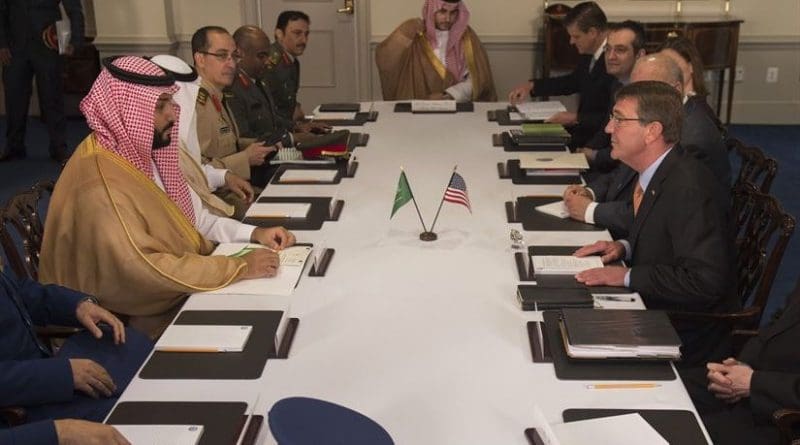 Defense Secretary Ash Carter meets with Deputy Crown Prince and Minister of Defense Mohammed bin Salman of Saudi Arabia at the Pentagon June 16, 2016. The two leaders met to discuss matters of mutual importance. DoD photo by Senior Master Sgt. Adrian Cadiz