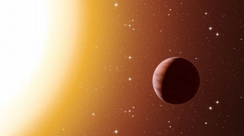 This artist’s impression shows a hot Jupiter planet orbiting close to one of the stars in the rich old star cluster Messier 67, in the constellation of Cancer (The Crab). Astronomers have found far more planets like this in the cluster than expected. This surprise result was obtained using a number of telescopes and instruments, among them the HARPS spectrograph at ESO’s La Silla Observatory in Chile. The denser environment in a cluster will cause more frequent interactions between planets and nearby stars, which may explain the excess of hot Jupiters. Credit: ESO/L. Calçada