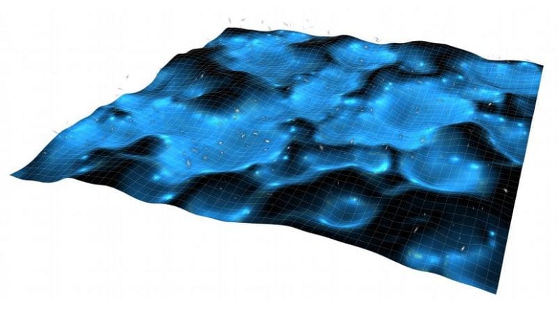 In a simulation of the universe without commonly made simplifications, galaxy profiles float atop a grid representing the spacetime background shaped by the distribution of matter. Regions of blue color contain more matter, which generates a deeper gravitational potential. Regions devoid of matter, darker in color, have a shallower potential. Credit James Mertens