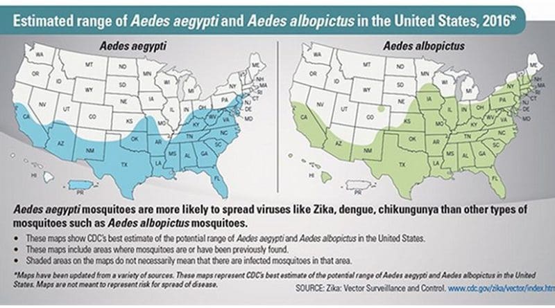 Estimated range of Aedes aegypti and Aedes albopictus in the United States, 2016. Centers for Disease Control graphic