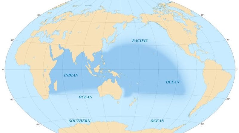 Area covered by the Indo-Pacific biogeographic region. Graphic by Eric Gaba, Wikipedia Commons.