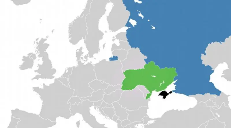 Locations of Crimea (black), Ukraine ( green) and Russia (blue). Source: Wikipedia Commons.