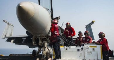 Aviation crew load ordnance into an F/A-18E Super Hornet assigned to the Gunslingers of Strike Fighter Squadron 105 on the flight deck of the aircraft carrier USS Dwight D. Eisenhower in the Arabian Gulf in preparation for a mission in support of Operation Inherent Resolve, July 22, 2016. The USS Eisenhower and its carrier strike group are deployed in support of Operation Inherent Resolve, maritime security operations and theater security cooperation efforts in the U.S. 5th Fleet area of operations. Navy photo by Petty Officer 3rd Class Nathan T. Beard