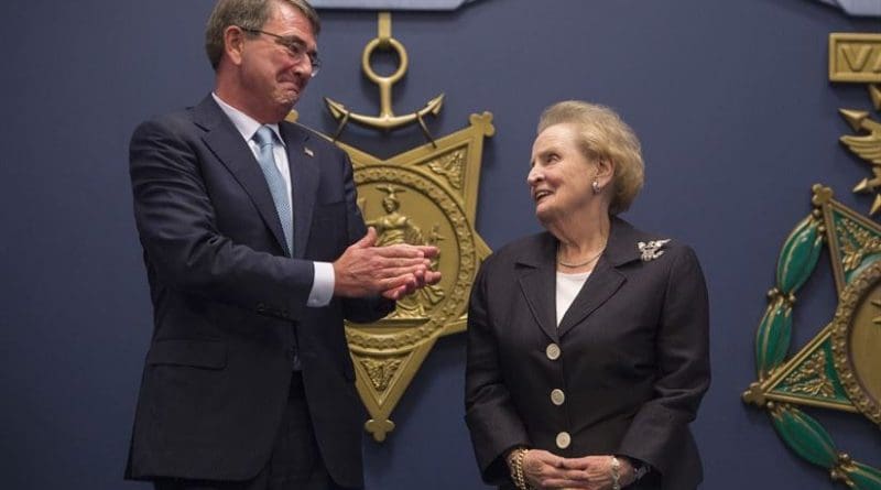 Defense Secretary Ash Carter applauds former Secretary of State Madeleine Albright for her public service achievements before he presents her with the Department of Defense Medal for Distinguished Public Service at the Pentagon June 30, 2016. DoD photo by Senior Master Sgt. Adrian Cadiz