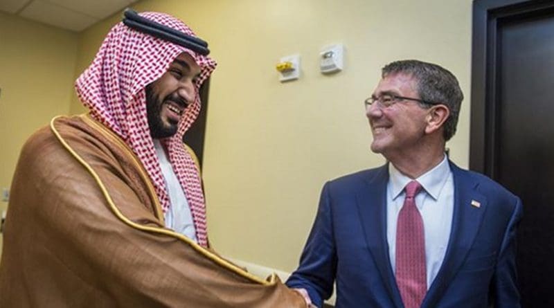 US Defense Secretary Ash Carter meets with Saudi Defense Minister and Deputy Crown Prince Mohammed bin Salman during a meeting of defense ministers and senior leaders from the coalition to counter the Islamic State of Iraq and the Levant at Joint Base Andrews, Md., July 20, 2016. DoD photo by Air Force Tech. Sgt. Brigitte N. Brantley