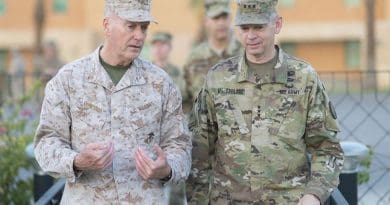 Marine Corps Gen. Joe Dunford, chairman of the Joint Chiefs of Staff, talks with Army Lt. Gen. Sean MacFarland, commander of Combined Joint Task Force Operation Inherent Resolve, at the U.S. Embassy in Baghdad, July 30, 2016. DoD photo by Navy Petty Officer 2nd Class Dominique A. Pineiro