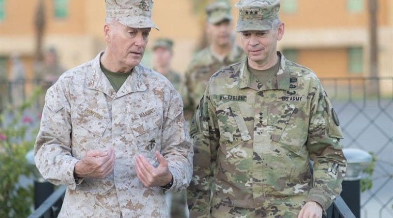 Marine Corps Gen. Joe Dunford, chairman of the Joint Chiefs of Staff, talks with Army Lt. Gen. Sean MacFarland, commander of Combined Joint Task Force Operation Inherent Resolve, at the U.S. Embassy in Baghdad, July 30, 2016. DoD photo by Navy Petty Officer 2nd Class Dominique A. Pineiro