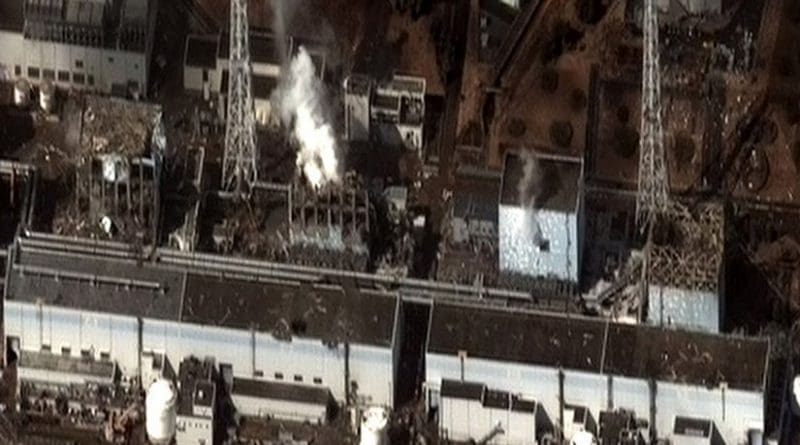 The Fukushima I Nuclear Power Plant after the 2011 Tōhoku, Japan earthquake. Photo by Digital Globe, Wikipedia Commons.