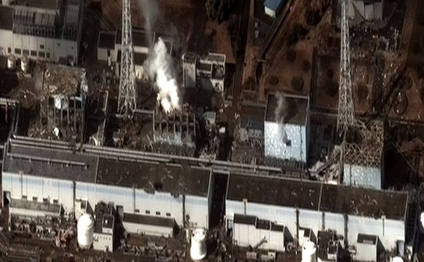 The Fukushima I Nuclear Power Plant after the 2011 Tōhoku, Japan earthquake. Photo by Digital Globe, Wikipedia Commons.
