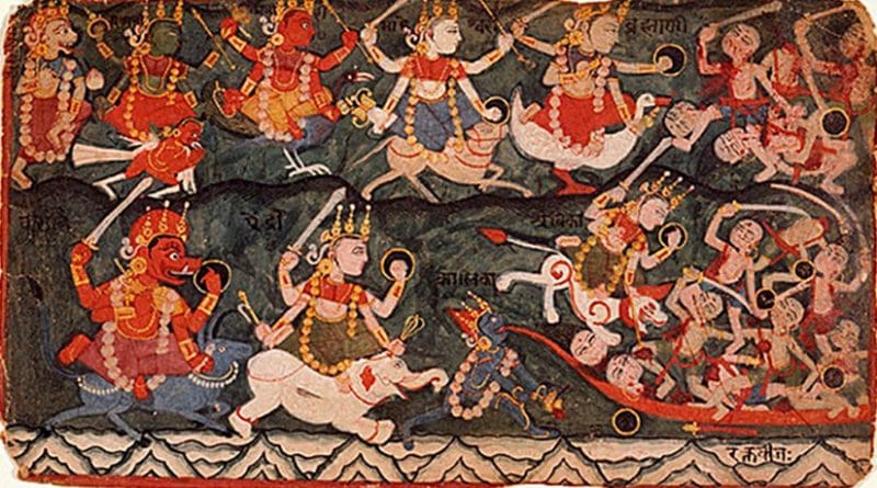 The Goddess Ambika or Durga leading the Eight Matrikas in Battle Against the Demon Raktabija, Folio from a Devi Mahatmya - (top row, from the left) the Matrikas - Narashmi, Vaishnavi, Kumari, Maheshvari, Brahmi. (bottom row, from left) Varahi, Aindri, Chamunda or Kali (drinking the demon's blood), Ambika. On the right, demons arising from Raktabija's blood. Source: Wikipedia Commons.