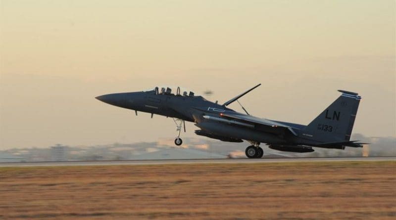 A U.S. Air Force F-15E Strike Eagle lands at Incirlik Air Base, Turkey, Nov. 12, 2015. Six F-15E’s deployed to Incirlik from the 48th Fighter Wing based at RAF Lakenheath, England, to conduct missions in support of Operation Inherent Resolve. Turkish airspace was closed to military operations following an attempted coup July 15, 2016. Pentagon officials said all indications are that all personnel at the base are safe and secure. Air Force photo by Airman 1st Class Daniel Lile