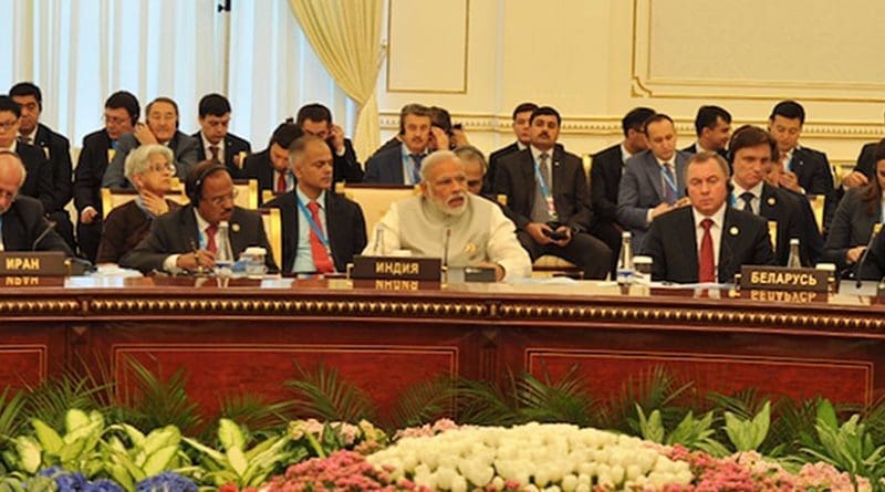 Prime Minister Modi addressing the Shanghai Cooperation Organization (SCO) on June 24 in Tashkent. Credit: www.narendramodi.in