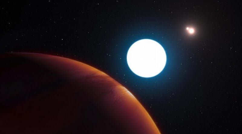 This artist's impression shows a view of the triple star system HD 131399 from close to the giant planet orbiting in the system. The planet is known as HD 131399Ab and appears at the lower-left of the picture. Located about 340 light years from Earth in the constellation of Centaurus (The Centaur), HD 131399Ab is about 16 million years old, making it also one of the youngest exoplanets discovered to date, and one of very few directly imaged planets. With a temperature of around 580 degrees Celsius and having an estimated mass of four Jupiter masses, it is also one of the coldest and least massive directly imaged exoplanets. Credit ESO/L. Calçada