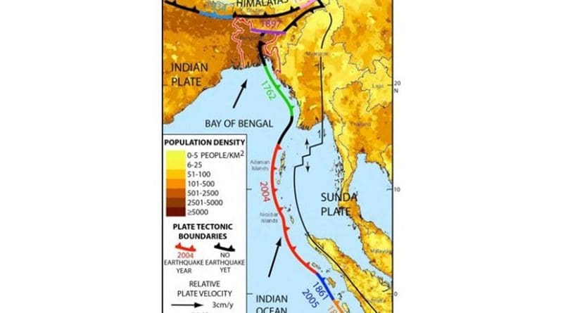 Bangladesh, Myanmar and eastern India (all near top) are bisected by an extension of the tectonic boundary that ruptured under the Indian Ocean in 2004, killing some 230,000 people. Known quakes along the boundary's southern end are shown in different colors; the black sections nearer the top have not ruptured in historic times, but new research suggests they could. Credit Michael Steckler/Lamont-Doherty Earth Observatory