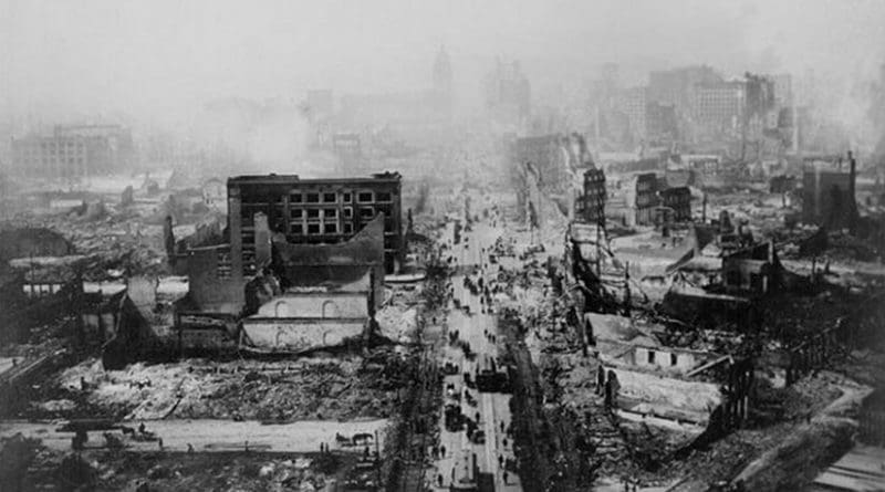 This is a historic photo of the San Francisco earthquake of 1906. Credit USGS Earth Observatory.